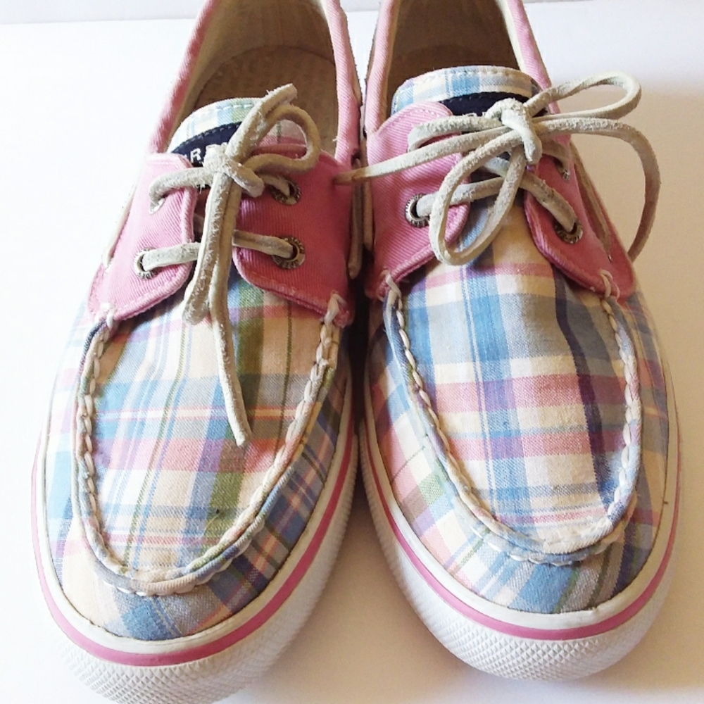 Sperry Pink, Blue & Tan Plaid Topsiders w/Rawhide Laces - Picture 3 of 7